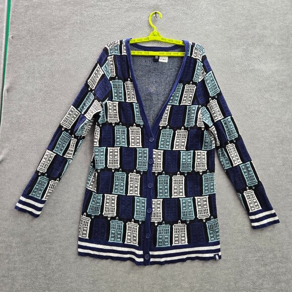 Doctor Who Women Sweater 2 Blue Tardis Cardigan Knit Long Sleeve V‎ Neck - Picture 1 of 9